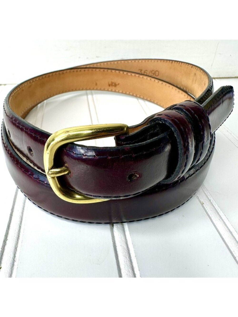 Burgundy Dress Belt Men’s 36”x1” Top Grain Leather Suit Thin Brass Buckle USA